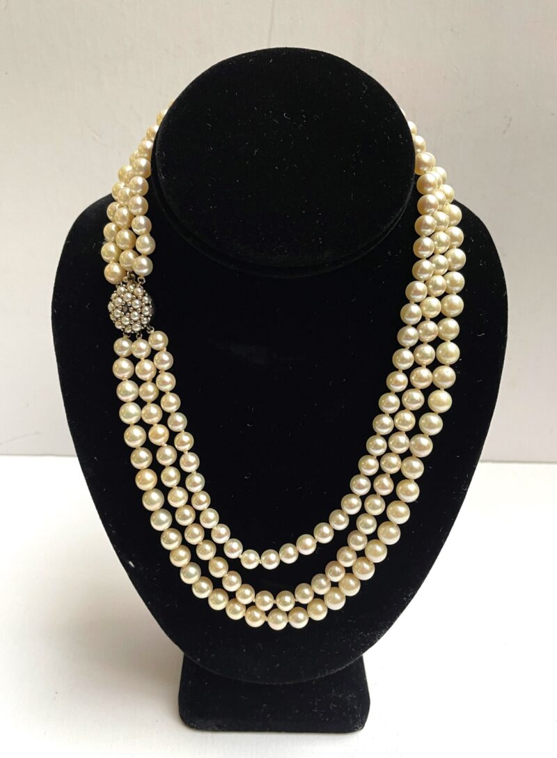 Triple Strand Set Of Pearls With 14 K Gold Pearl Sapphire Clip