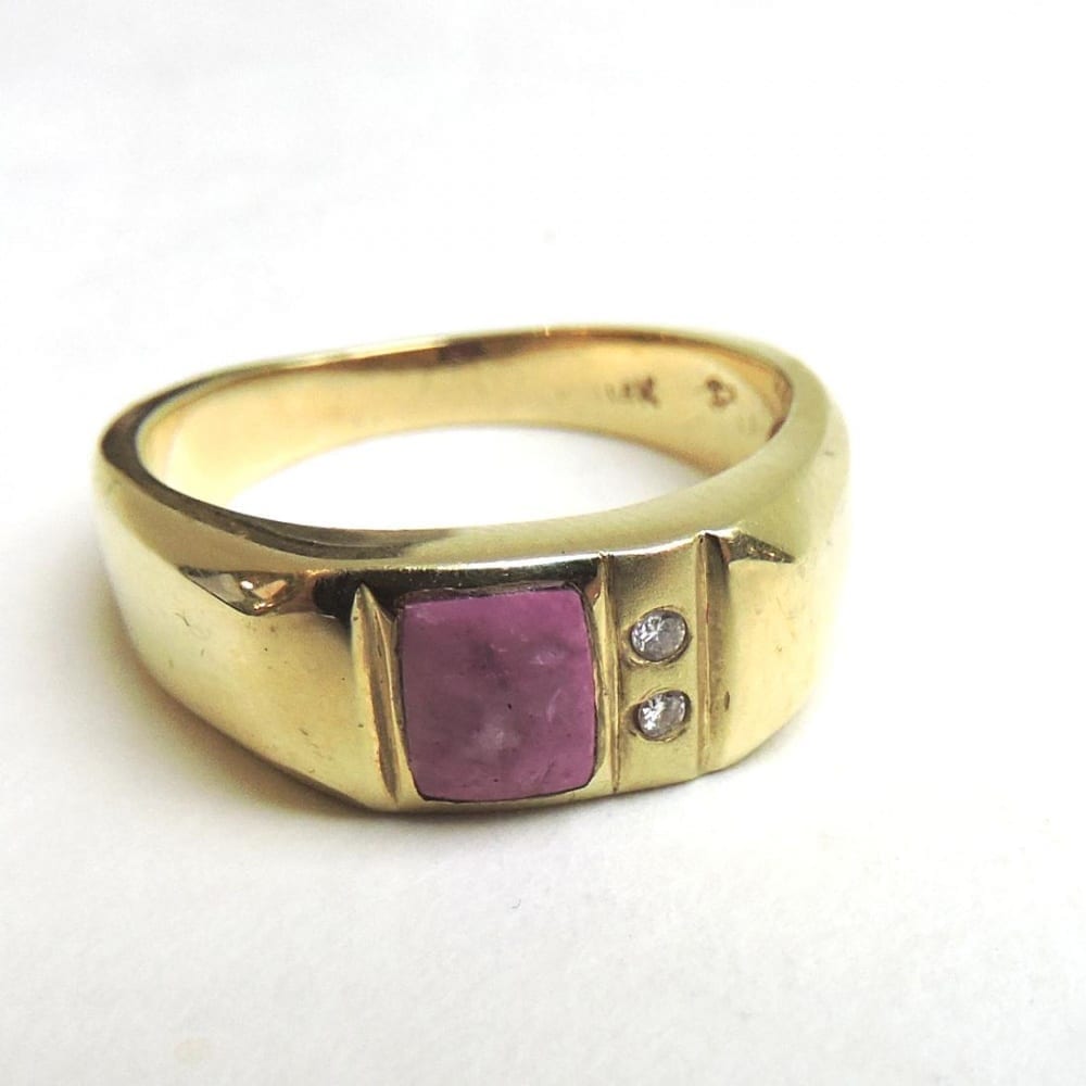 14 karat Gold Ring with Pink Square Stone & 2 Small Diamonds