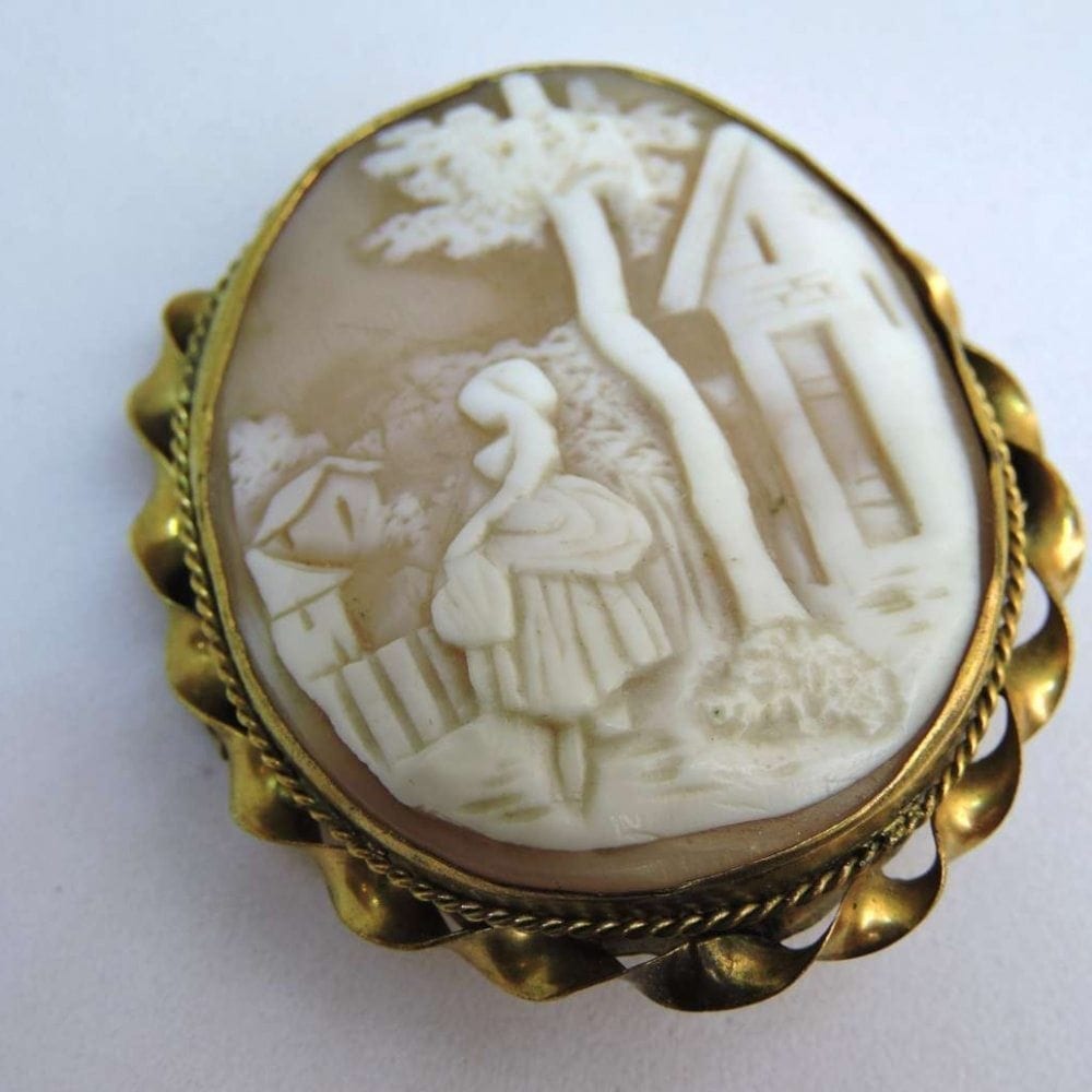 Gold Filled & Cameo Brooch - Victorian Scene. - Bernardis Antiques