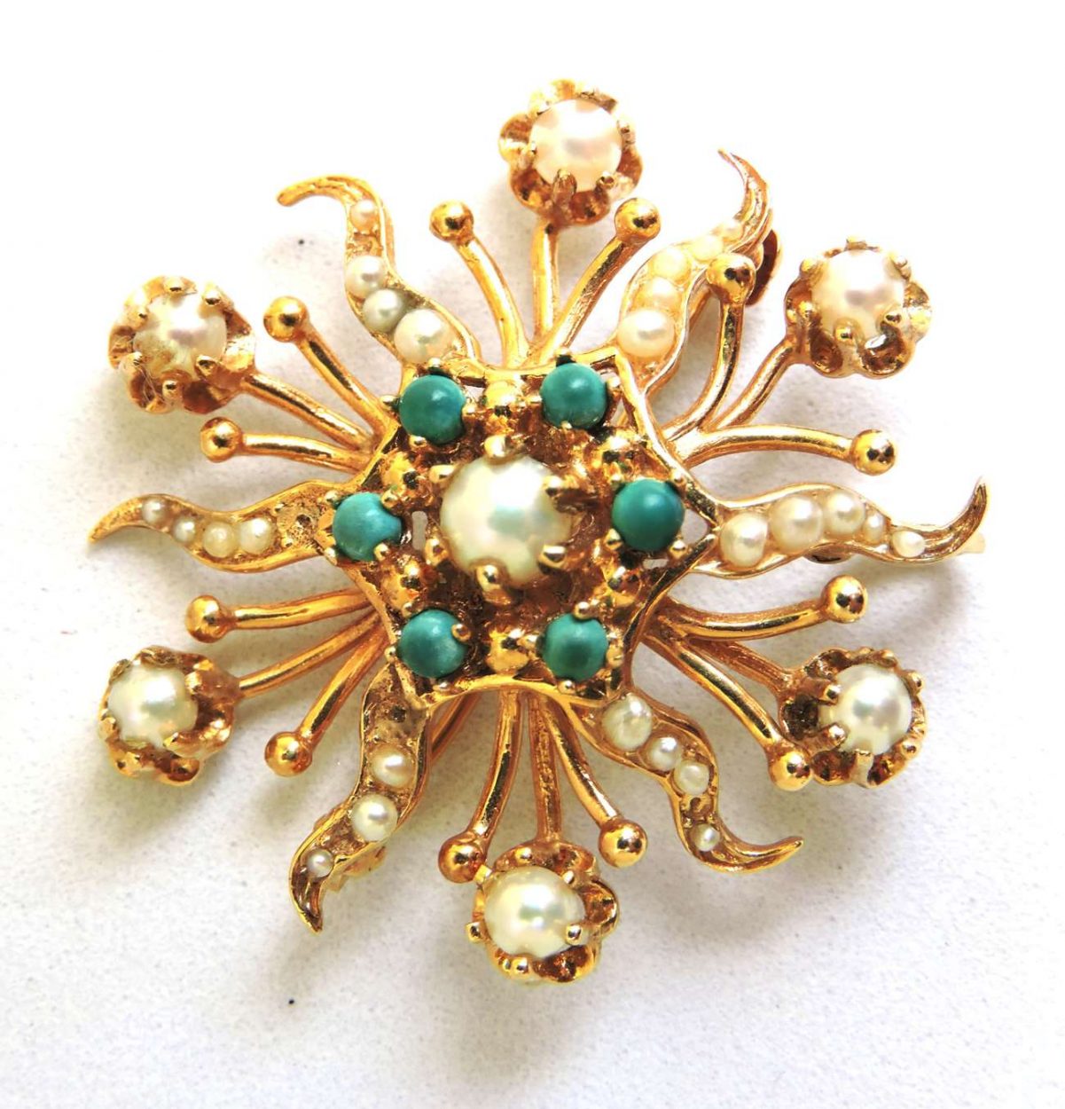 Turquoise & Pearl, 14 kt Gold Starburst Brooch / Pendant