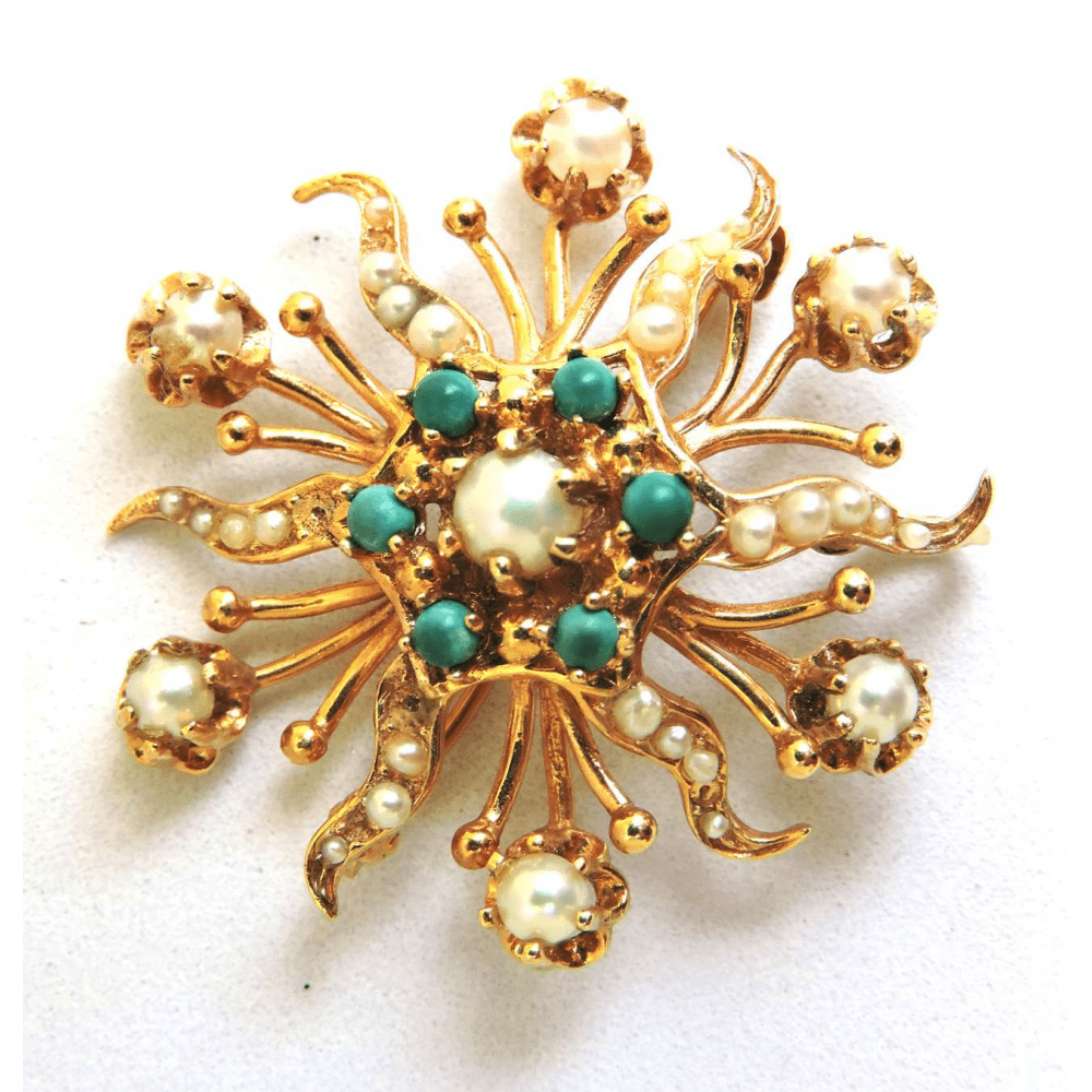 Turquoise & Pearl, 14 kt Gold Starburst Brooch / Pendant