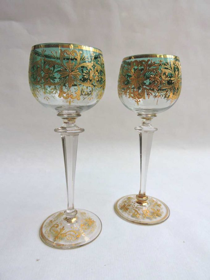 Pair Of Austrian Moser Stemmed Crystal Wine Glasses With Raised Gold 19th Century Bernardis