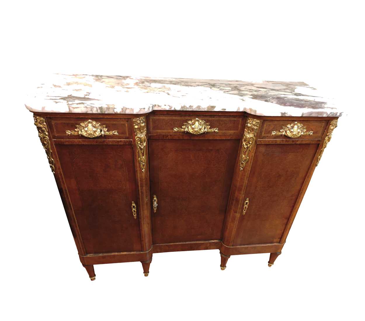 French Burled Yew Wood  Marble  Top Buffet Server with 