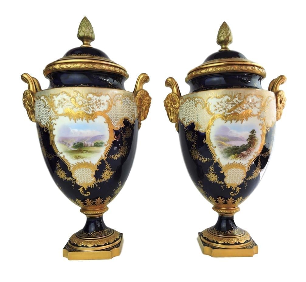 Pair of Large 16 inch English Coalport Porcelain Covered Urns With Hand ...