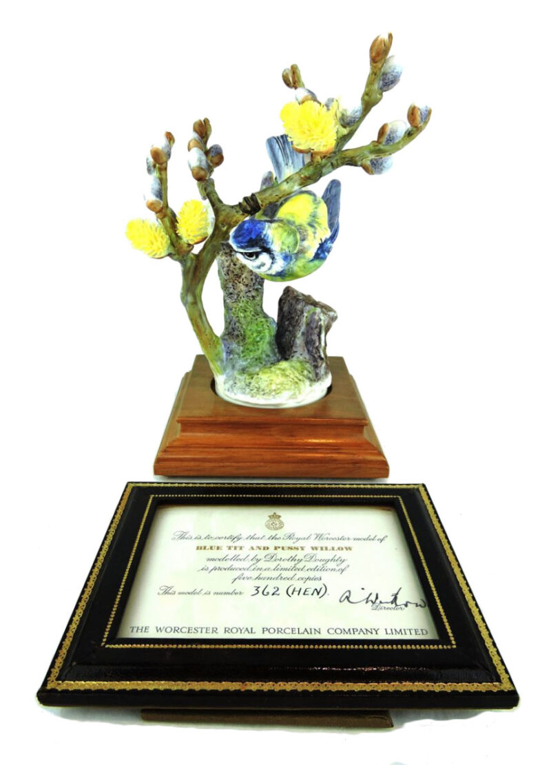Royal Worcester Porcelain Ltd Edition Bird Figurine, Blue Tit and Pussy  Willow (Hen) with Certificate. 