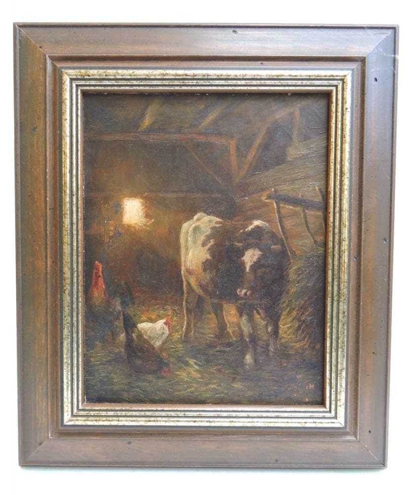 19th Century European Oil Painting on Canvas - Farm Animals in Barn.