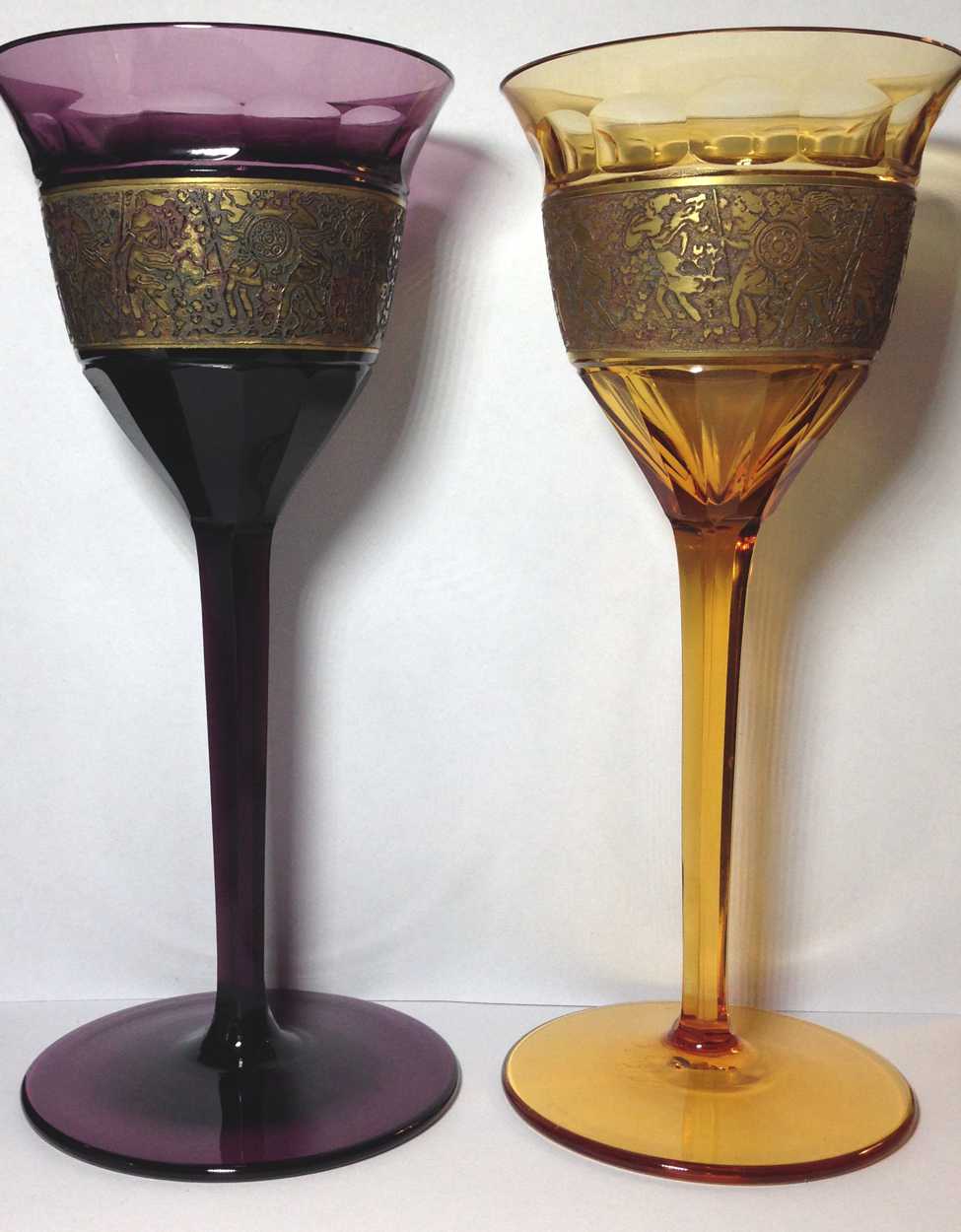Pair Of Moser Karlsbad Wine Glasses Acid Etched And Gold Banded Dating 1918 1922 One Amber One