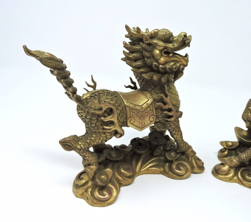 Pair of Bronze Chinese Qilin / Kylin Guardian Figure Statues ...