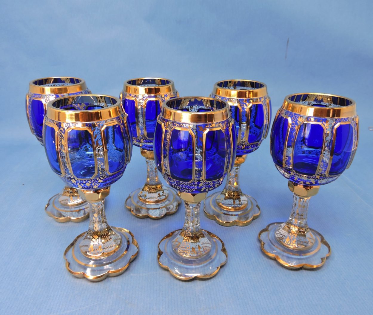 Set Of 6 Heavy Bohemian Moser Style Glass Wine Glasses And Matching