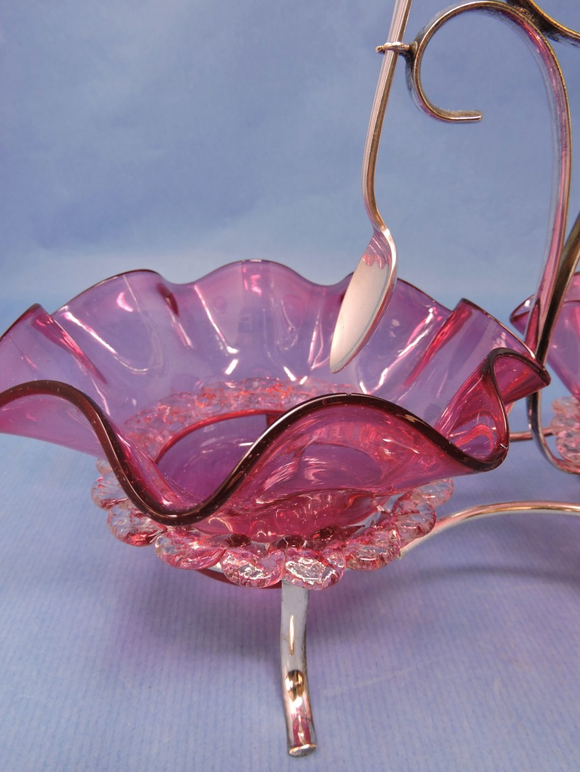 2 Cranberry And Clear Glass Dishes In Epns Silver Plated Double Holder With Silver Plated Spoons