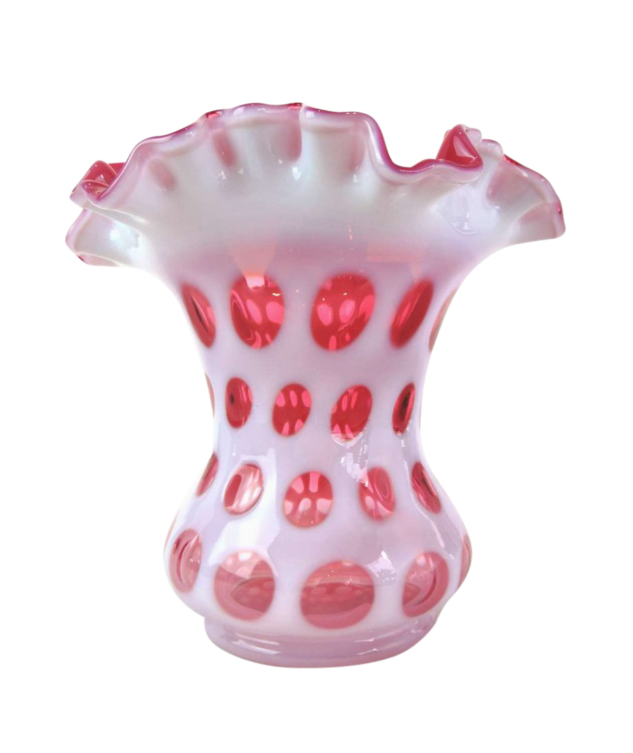 thumbprint cranberry and white vase with ruffled rim
