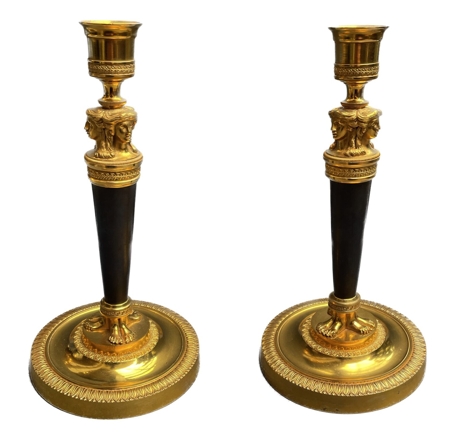 Lot - A pair of gilt brass pricket candlesticks, French, 19th century