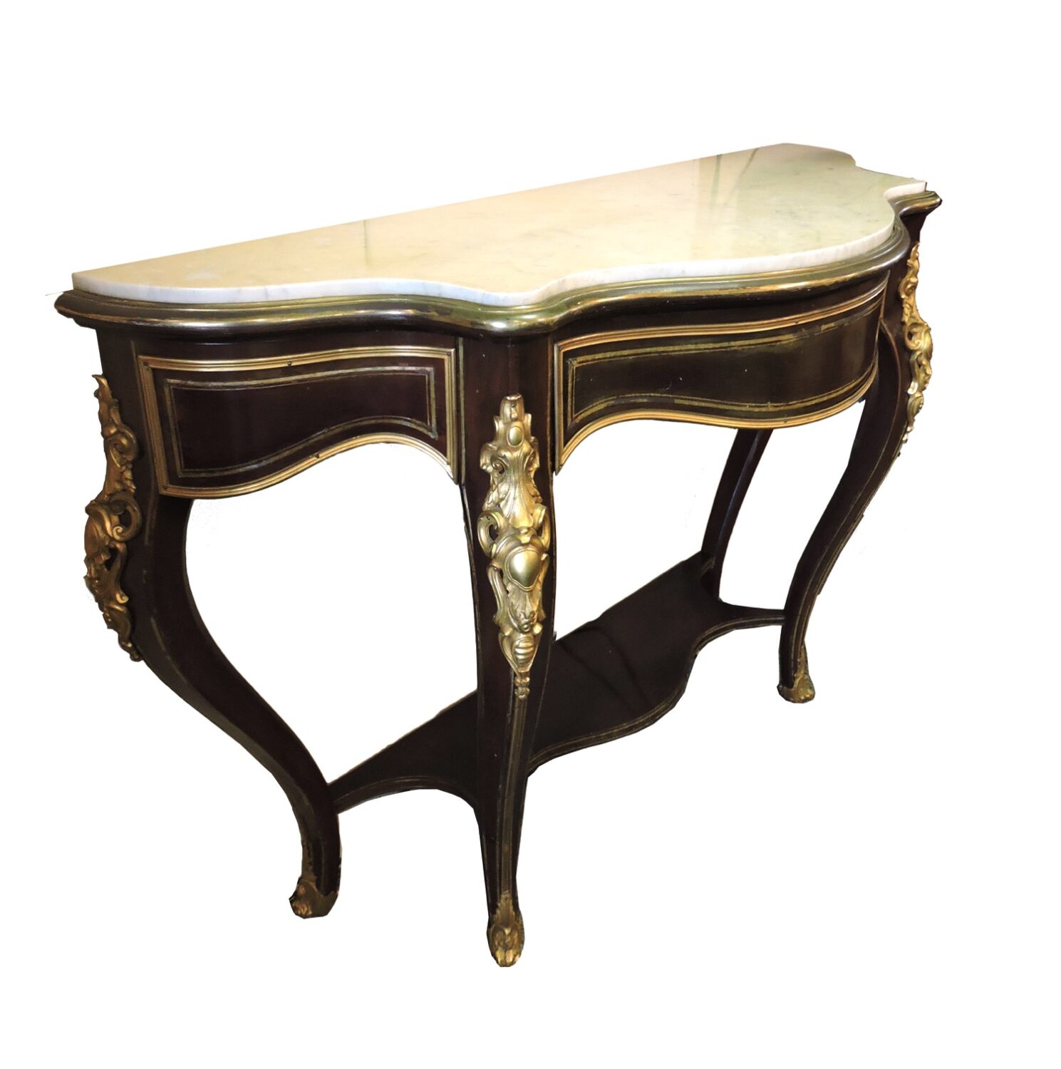 brass inlaid and bronze mounted french serpentine shape console table
