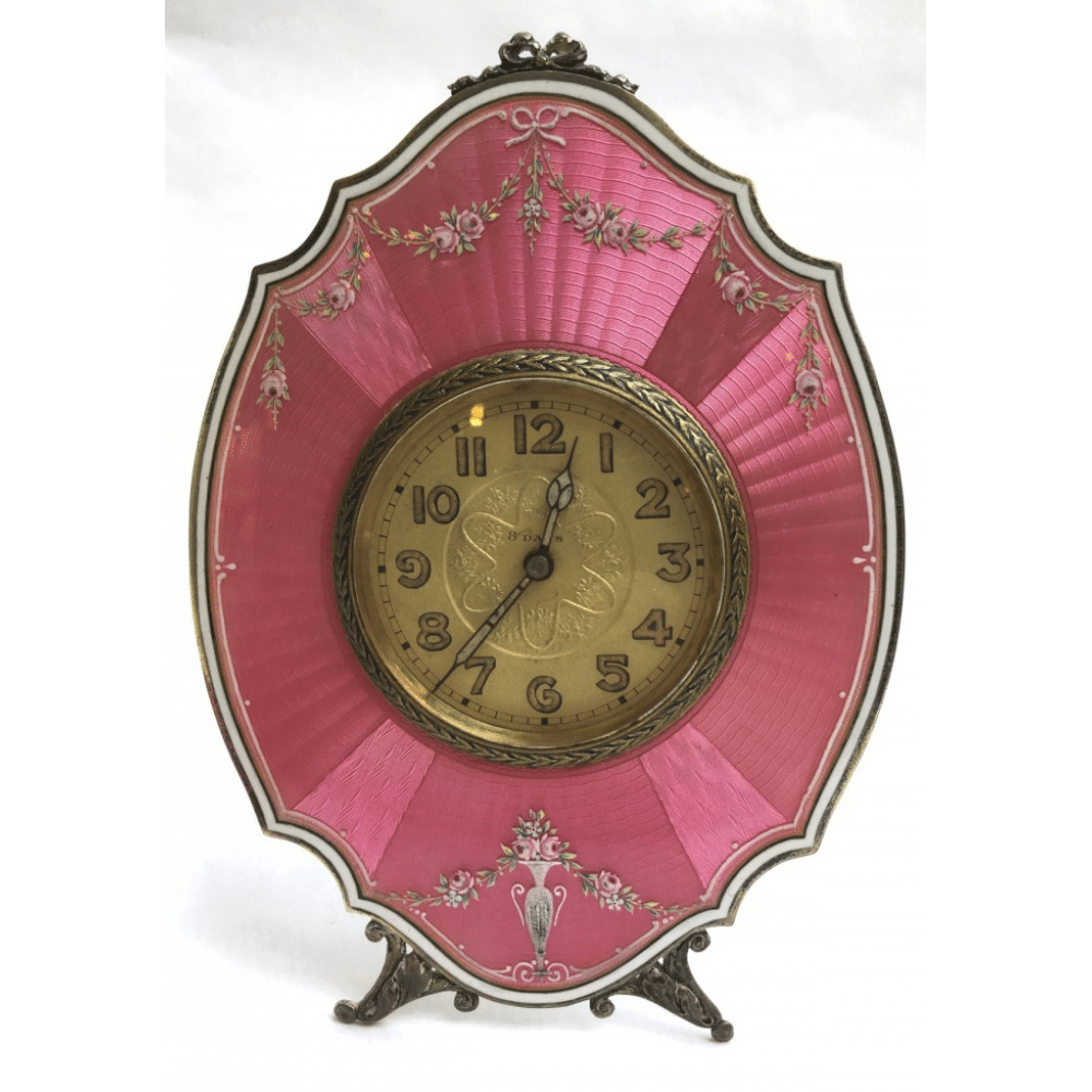 Swiss Silver .935 Pink Guilloché Enamel Clock With Original Box circa ...