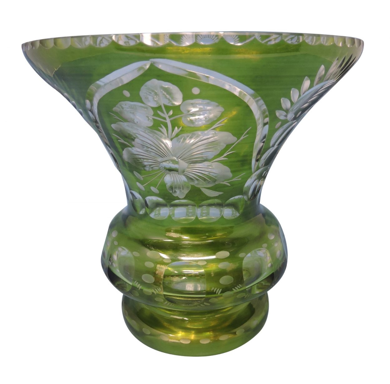 Bohemian Green to Clear Cut Crystal Large, Wide Mouth Vase with Floral 