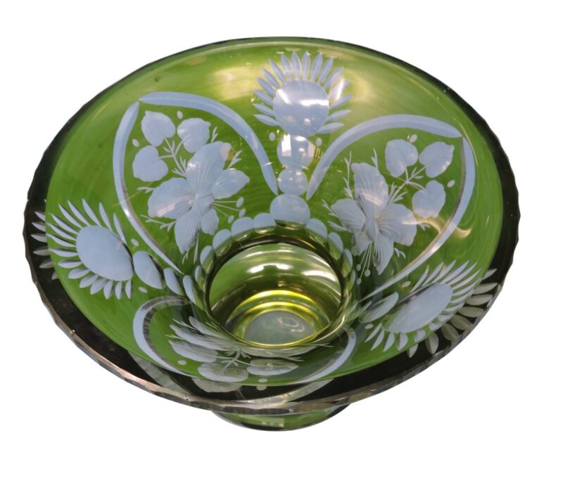 Bohemian Green To Clear Cut Crystal Large, Wide Mouth Vase With Floral ...