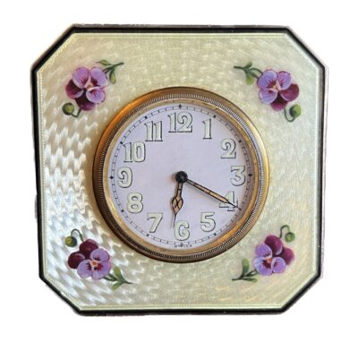 French Art Deco 'Reveil 8 Jours' Brass Clock with Purple-Blue  Enamel-NYShowplace