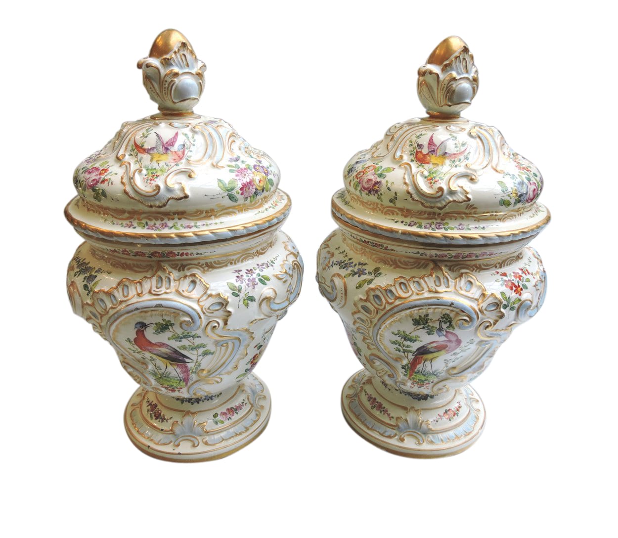 Pair Of Italian Faience Covered Ceramic Vases With Birds Of