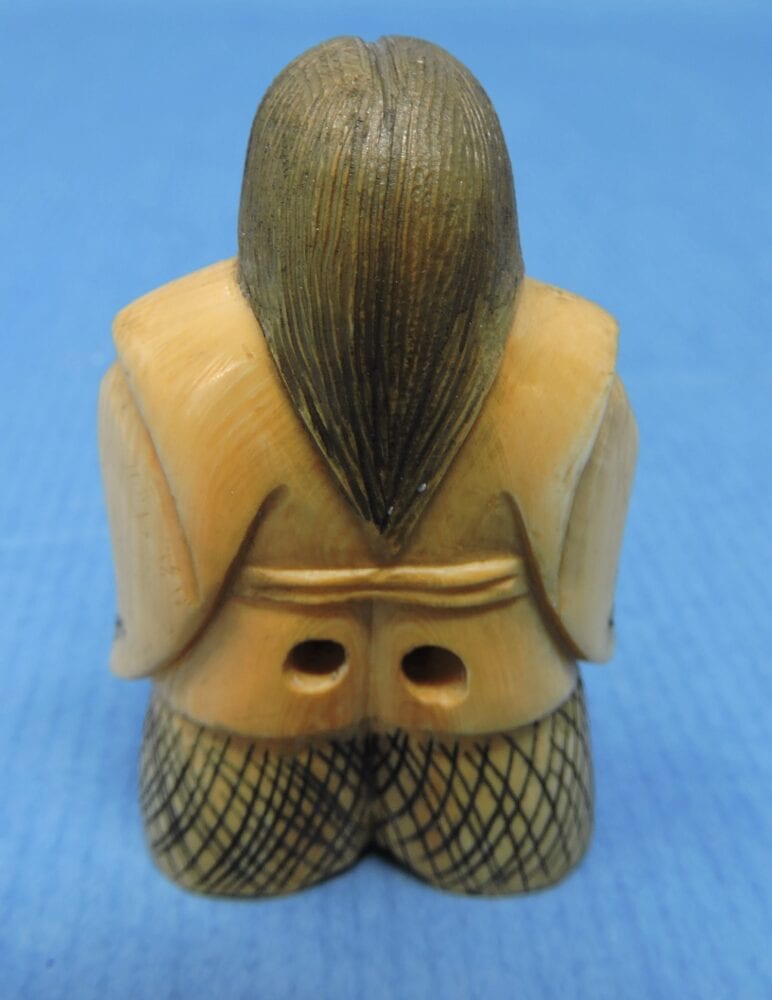 Carved Ivory Netsuke Of A Man With Long Hair And Two Faces Rotatable Happy And Sad