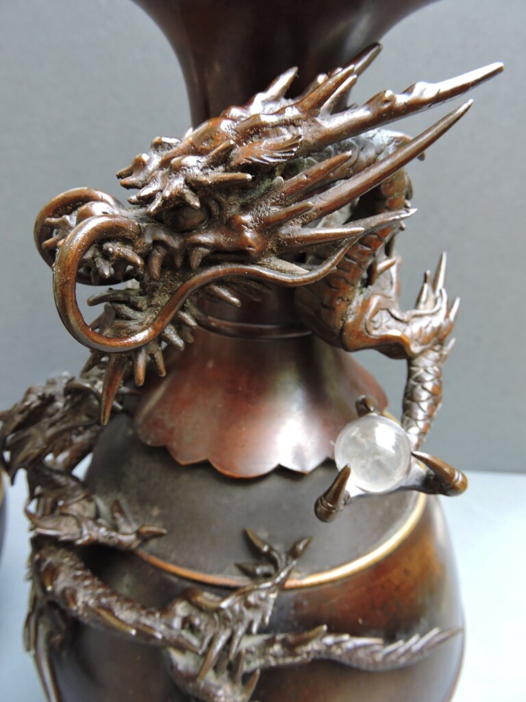 Pair 19th Century Meiji Period Japanese Bronze Dragon Vases, Crystal