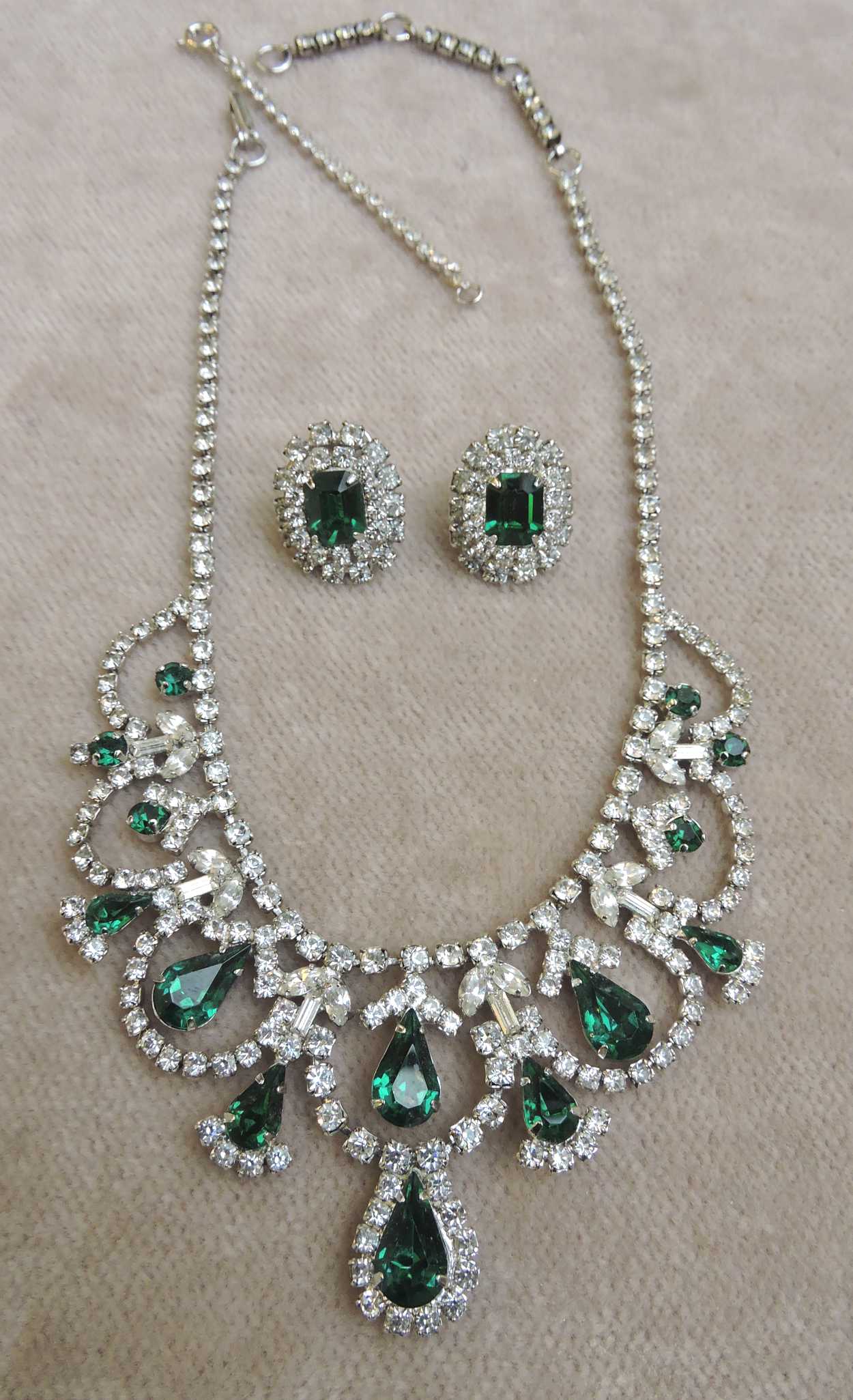 Vintage Jay Flex Sterling & Rhinestones Necklace & Earrings Set.