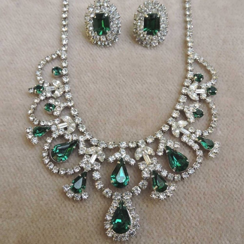 Vintage Jay Flex Sterling & Rhinestones Necklace & Earrings Set.