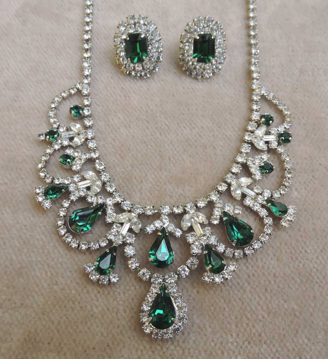 Vintage Jay Flex Sterling & Rhinestones Necklace & Earrings Set.