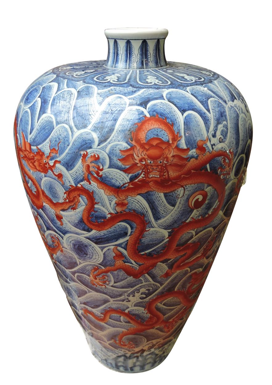 Large Chinese 36 inch Blue & White Vase with Reg Dragon Decoration. to late 20th