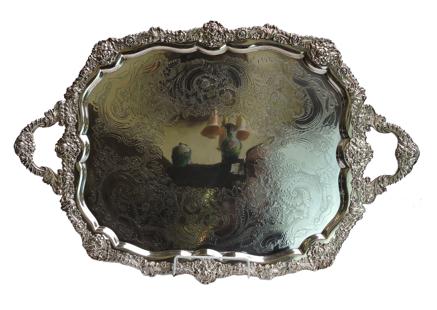 large silver-plated two handled tray on copper c.1900