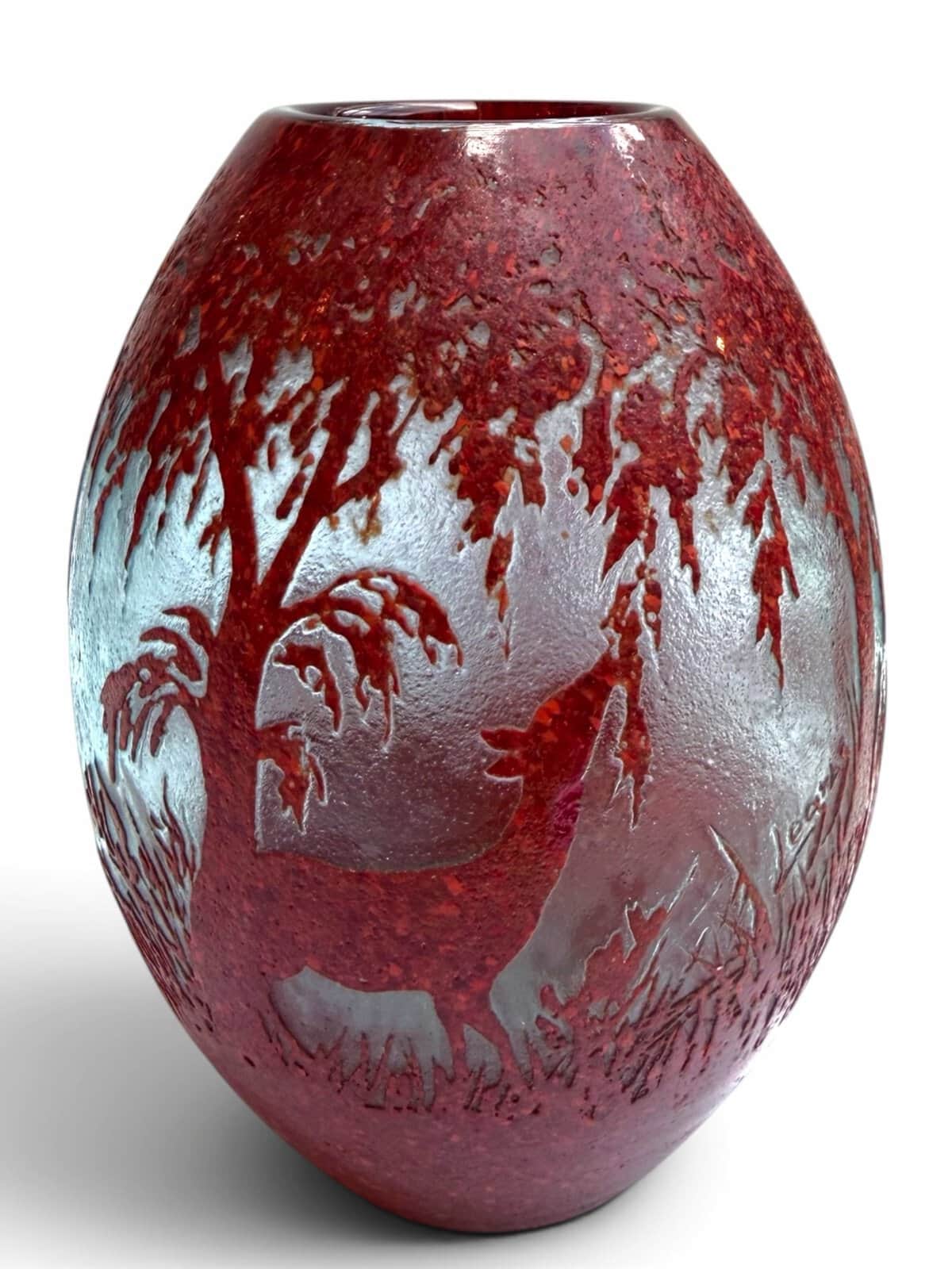 Serene French Art Deco Cameo Art Glass Cabinet Vase, Continuous Willow Forest Scene Depicting Deer by Celebrated Legras & Cie Glassworks in Saint-Denis, France, Circa 1930