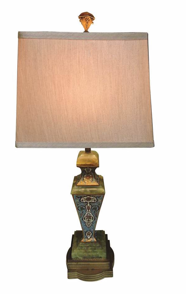 French Champleve Table Lamp With Green, Antique Green Onyx Table Lamp