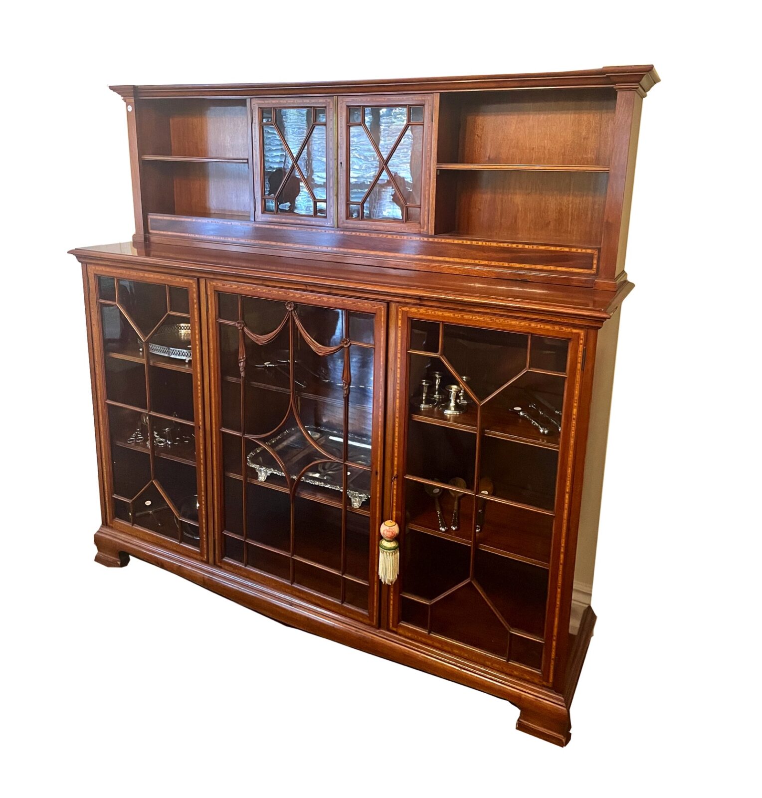 Long, Large Edwardian Period Display Cabinet / Bookcase by