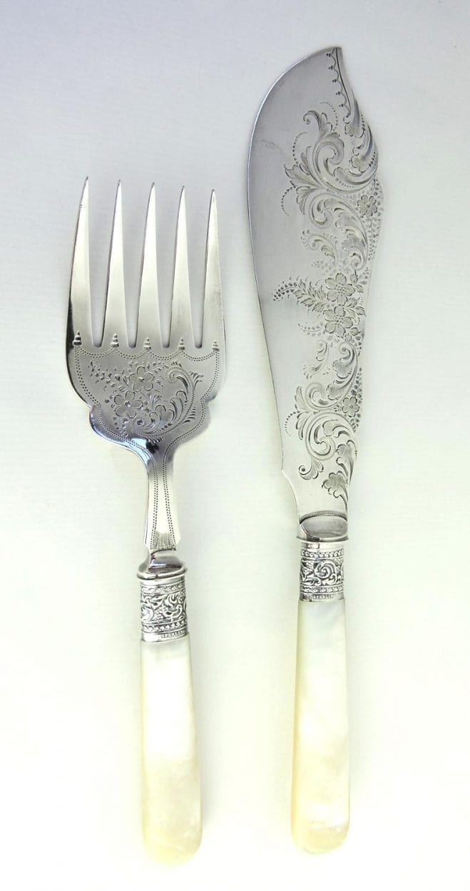 Pair of Mother of Pearl Handled Fish Servers with Sterling Bands c