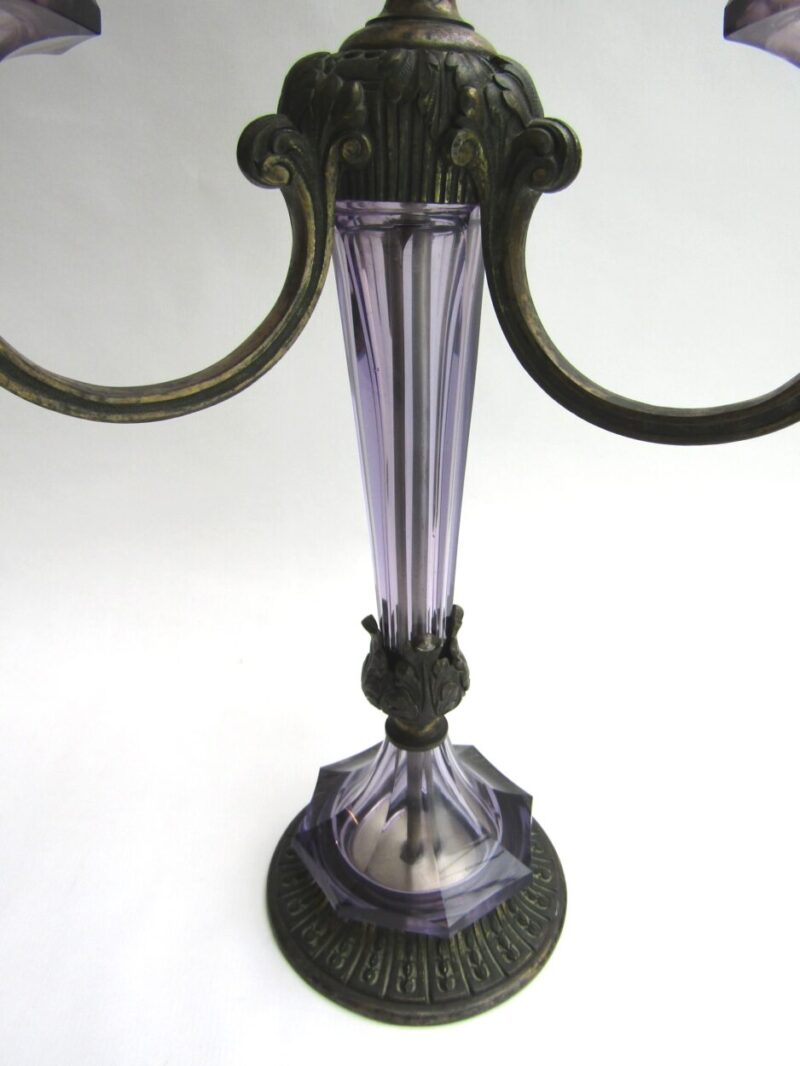 Pair of 3 Arm Alexandrite Purple Glass (attributed to Moser) and Spelter  Candelabra