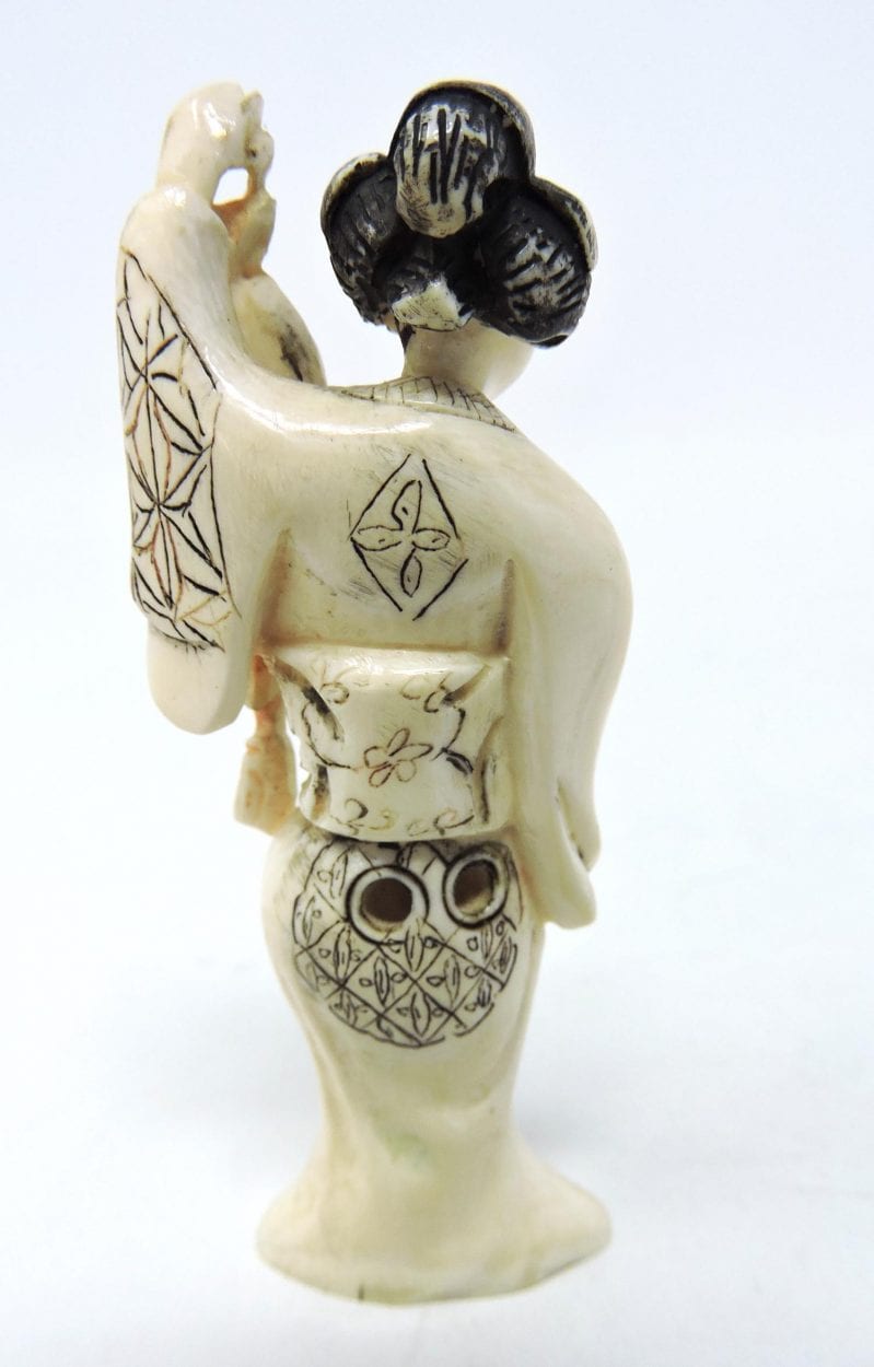 Signed Hand Carved Asian Netsuke Of Japanese Woman In A Kimono Holding A Scroll With Her Left