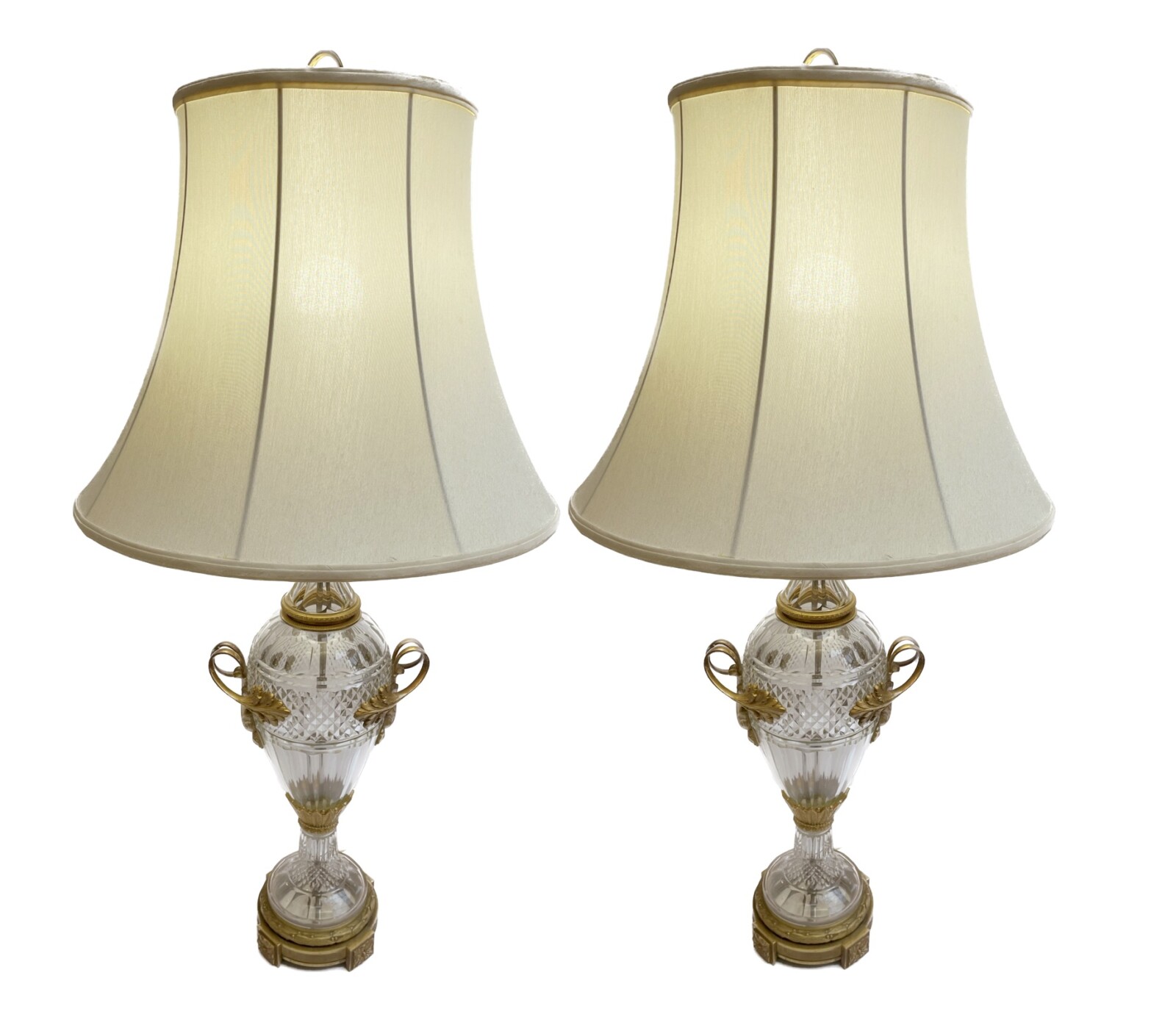 Pair of Large Austrian Clear Cut Crystal & Mounted Gilt Bronze Lamps. 