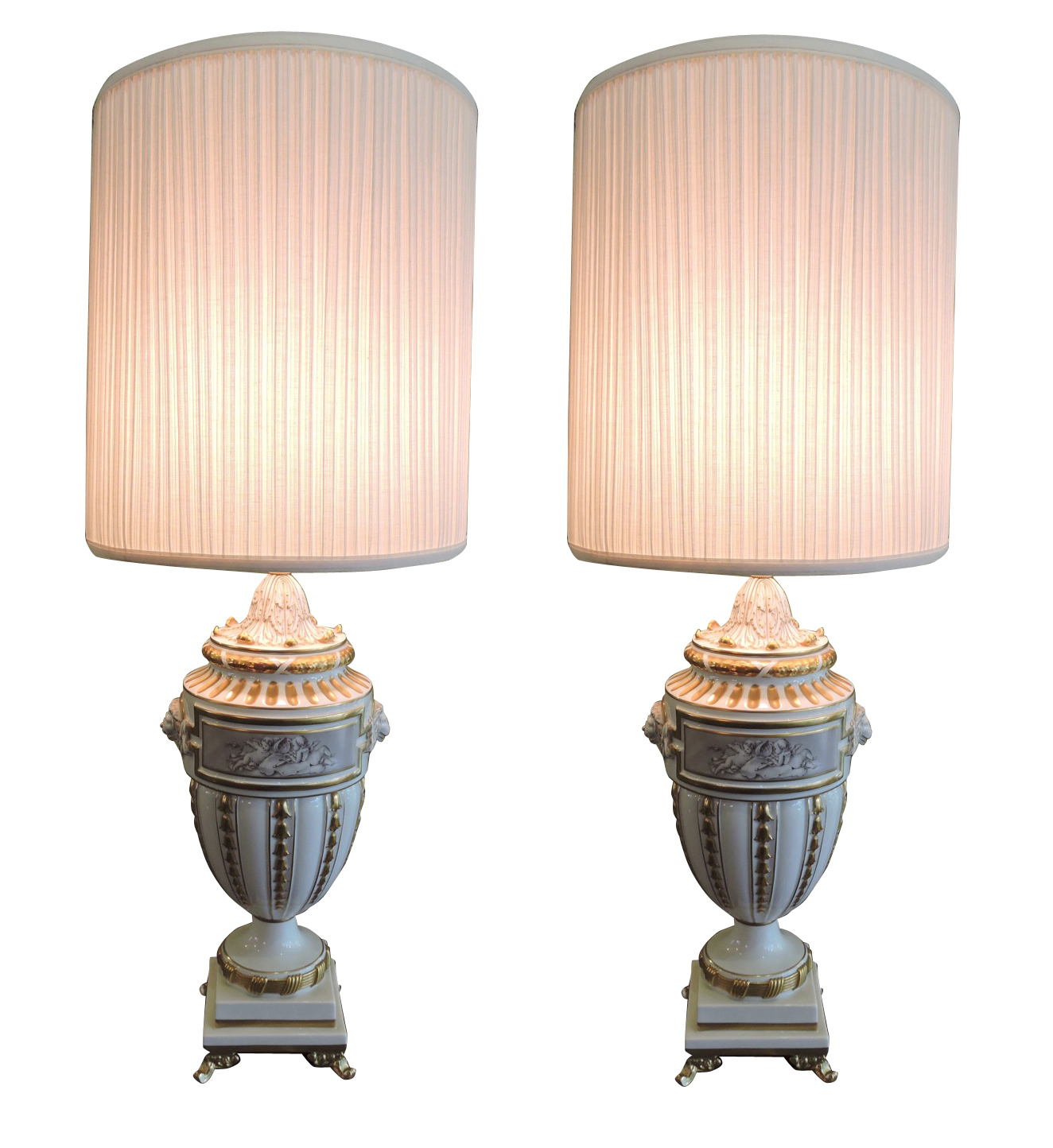 Pair of Italian White & Gold Porcelain Table Lamps Lions' Head