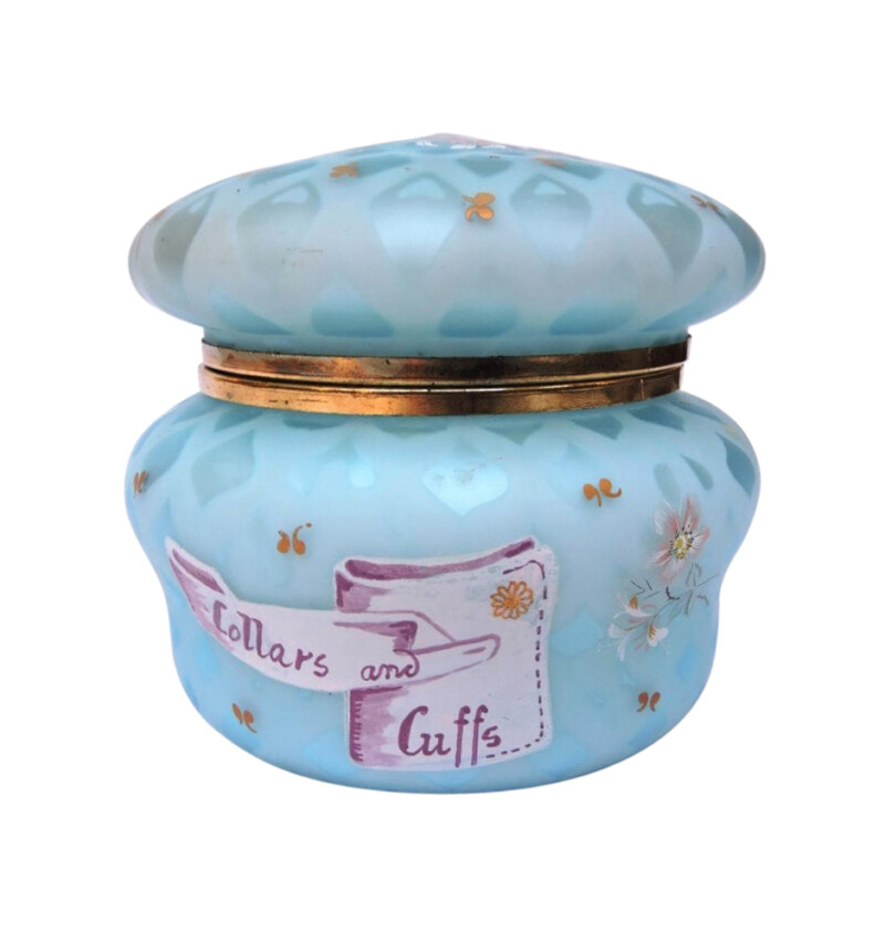 victorian period american blue satin glass box for collars and cuffs