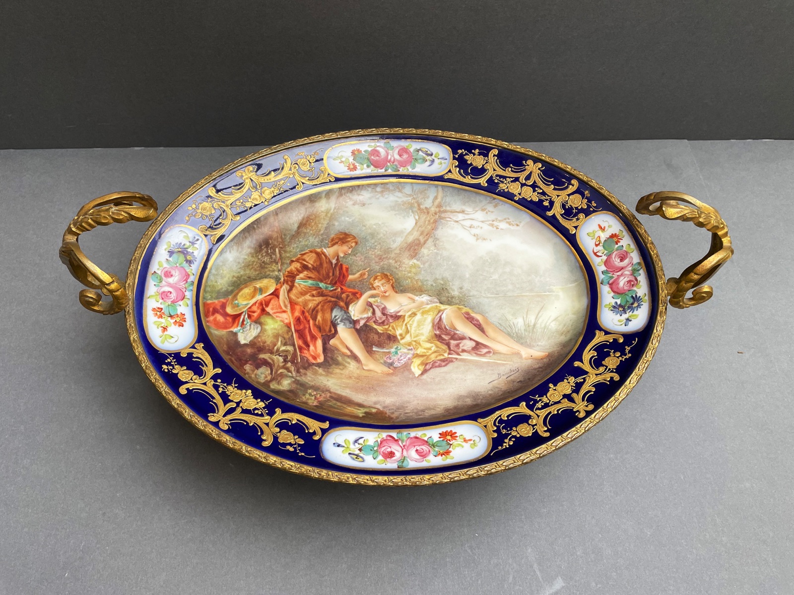 Sevres France Hand Painted and Gilded Porcelain Footed, Oval Tazza 