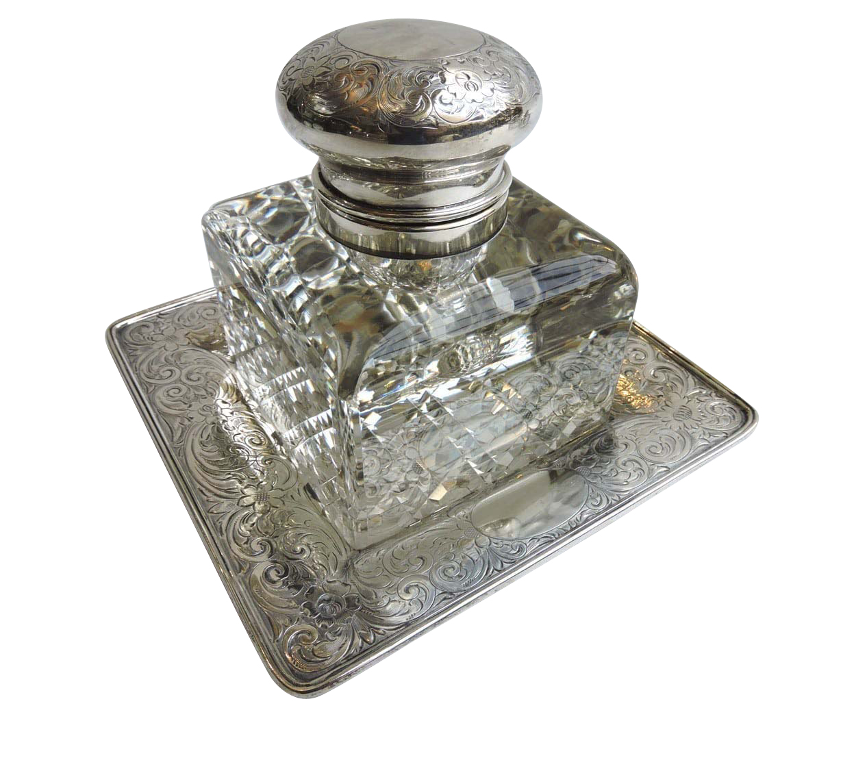 Sterling Silver & Heavy Crystal Inkwell with Under Tray - American ...