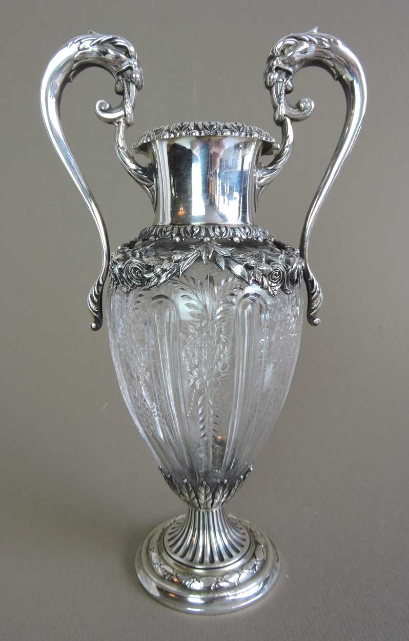 Sterling Silver And Etched Crystal 2 Handled Vase Late 19th Century