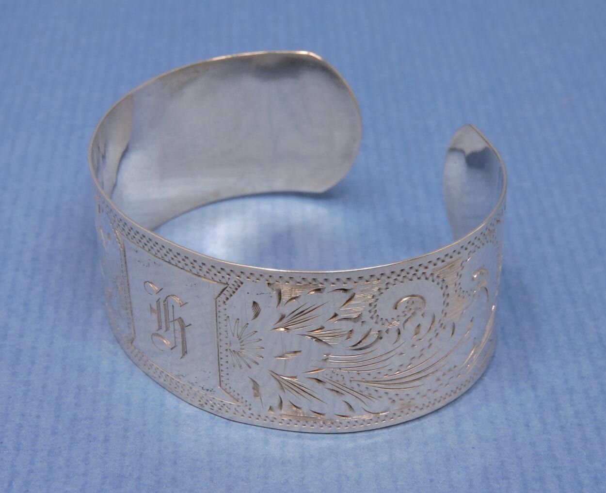 Sterling Silver Floral Engraved Cuff Bracelet with Monogram 