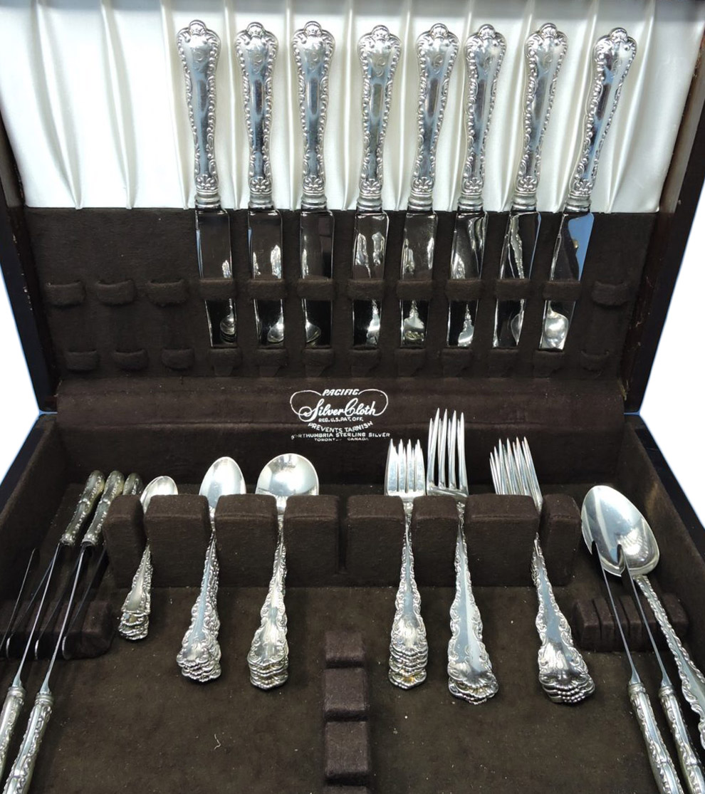 Birks Sterling Silver Flatware Dinner Set for 8 - Louis XV Pattern -  Monogrammed.