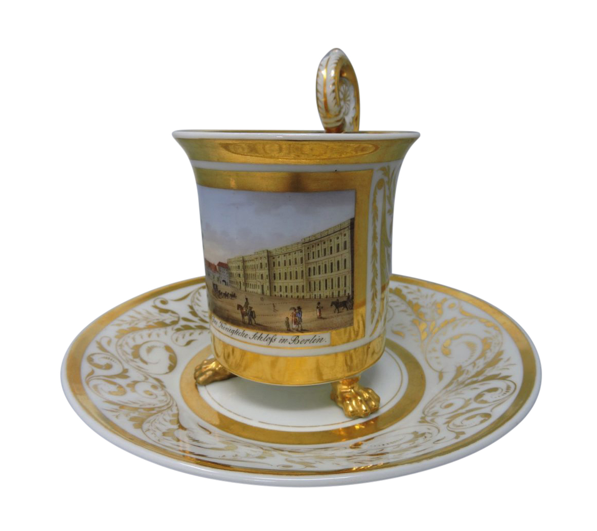German porcelain cup & saucer - topographical scene of Berlin gold highlights