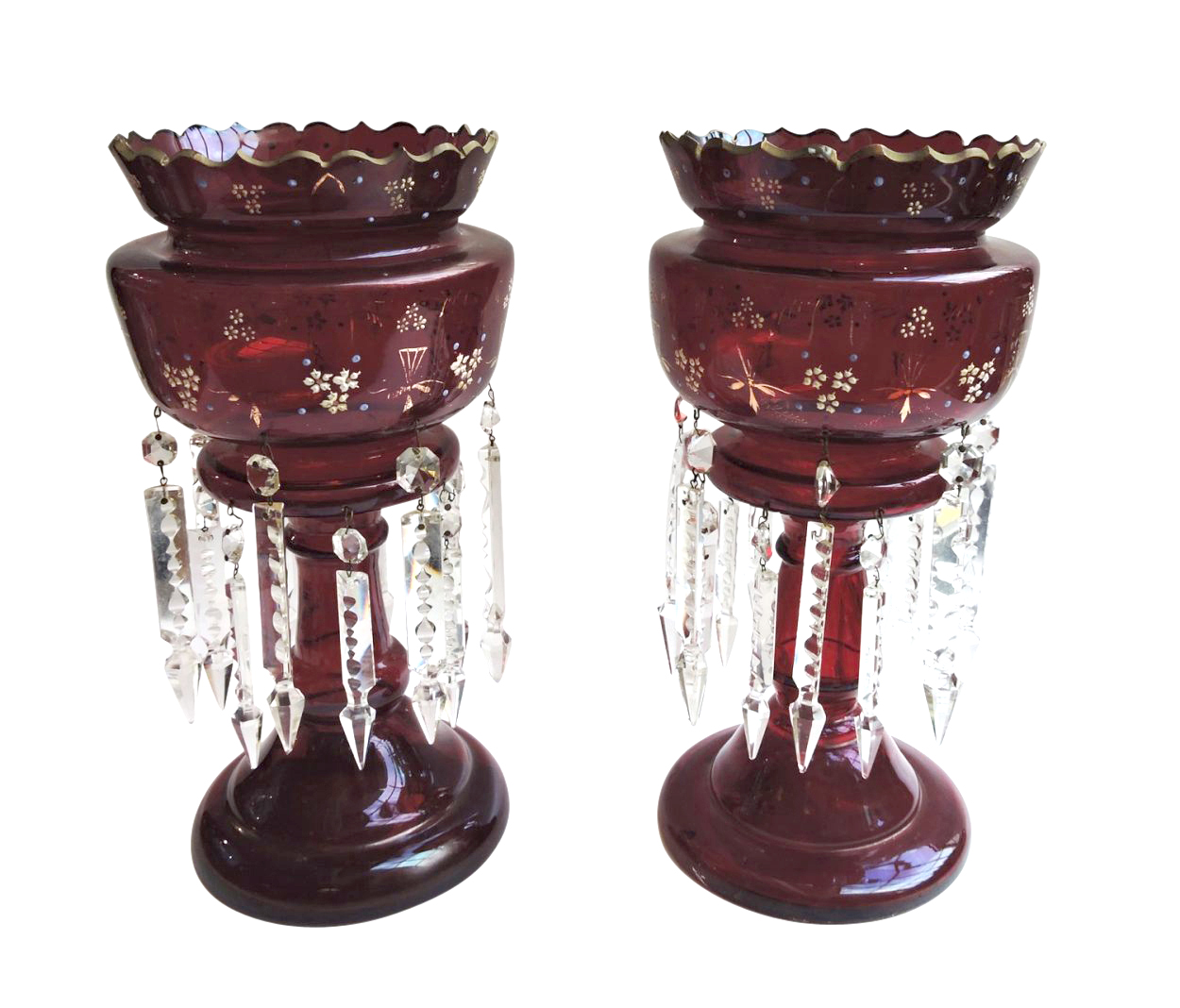 pair of ruby glass victorian lustres with clear crystal hanging prisms